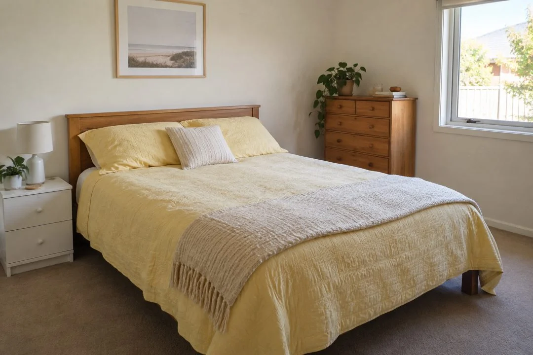 A simply furnished bedroom with yellow bedding and modest storage pieces.