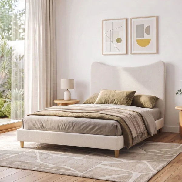 Artiss Double Bed Frame with Boucle Headboard, Beige, 300 kg Capacity