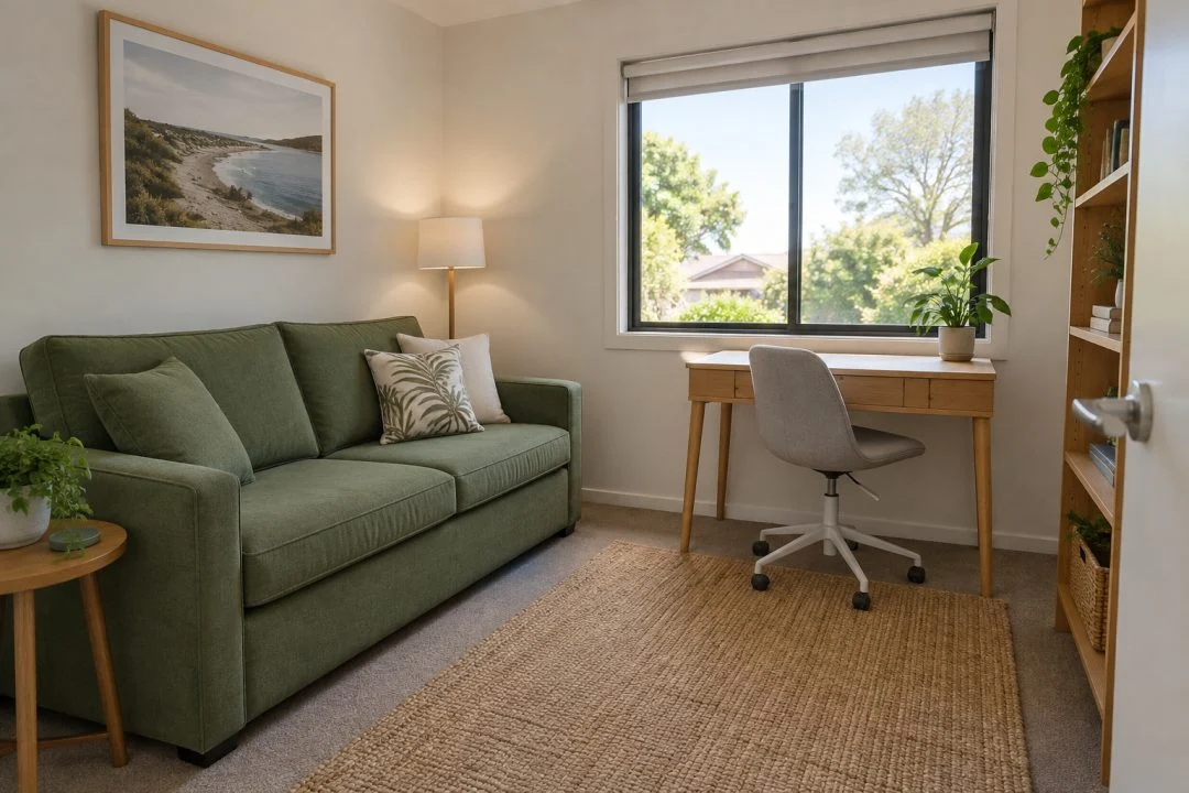 A compact room containing a sofa bed and a separate work desk.