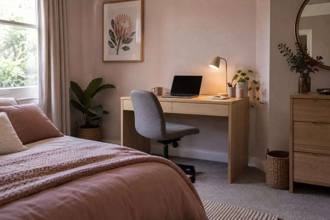 A dressing table arranged with a laptop and adjustable chair.