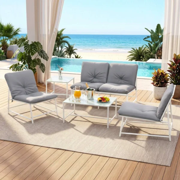 Gardeon 5-Piece Outdoor Sofa Set with Cushions Table and Chairs – White