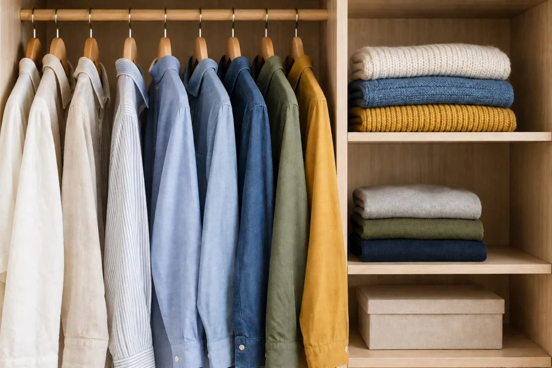An open wardrobe with clothes grouped on rails and shelves.