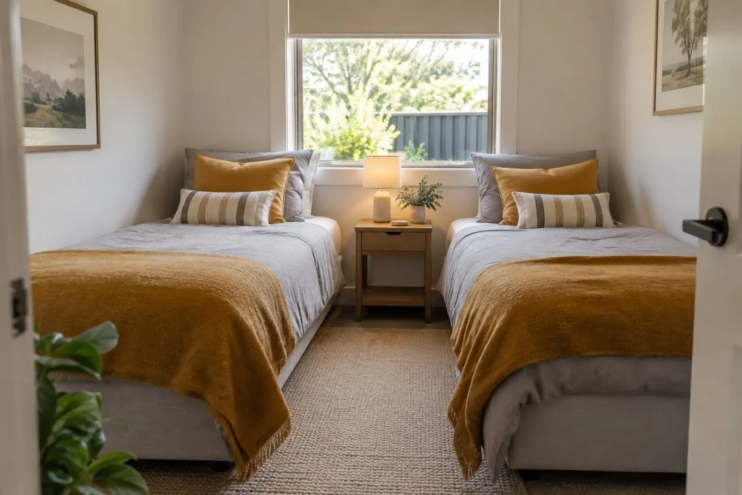 Two single beds with a small table between them in a guest room.