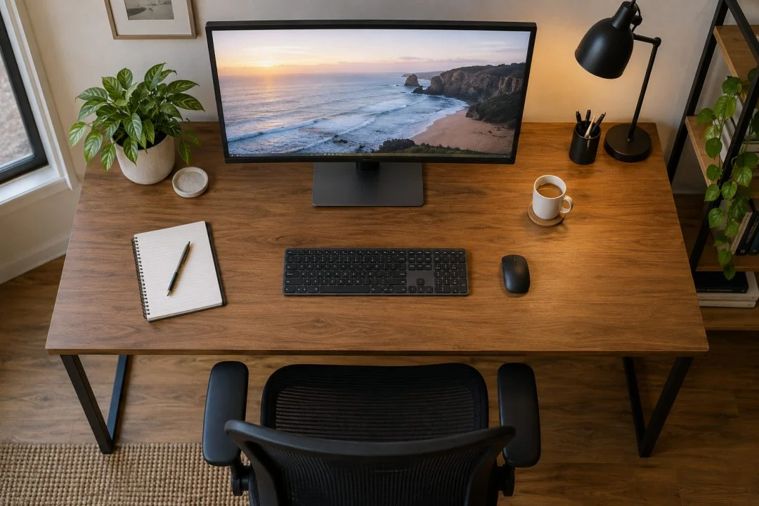 A desk viewed from above with a monitor, keyboard, mouse and notebook.