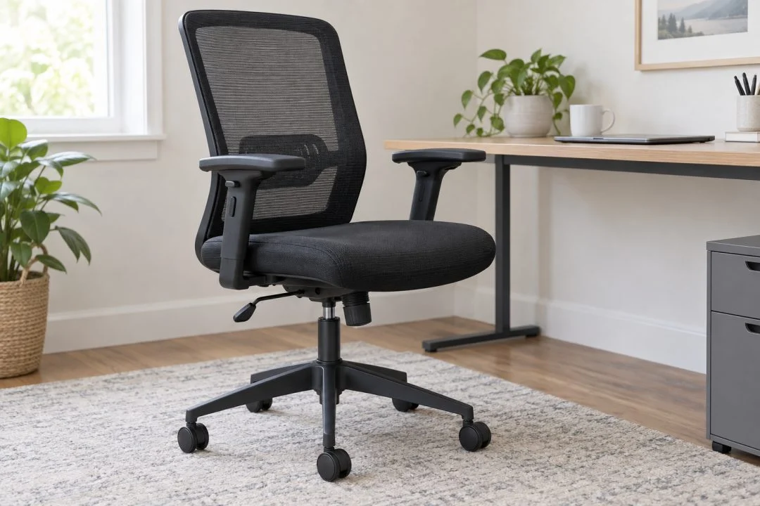 An adjustable office chair shown beside a desk.