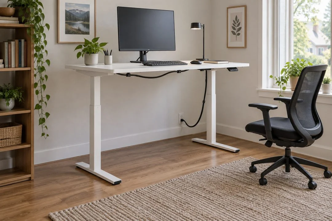 A sit-stand desk with a monitor and separate input devices.