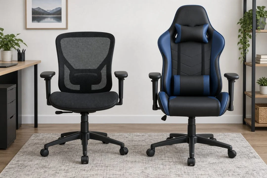 Contrasting gaming-style and office-style chairs.