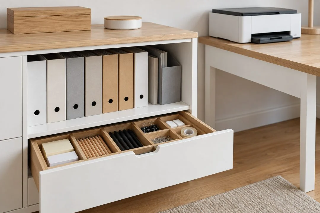 Home-office storage arranged for paperwork and equipment.