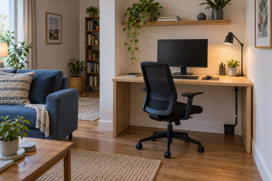 A small desk nook within a living room.