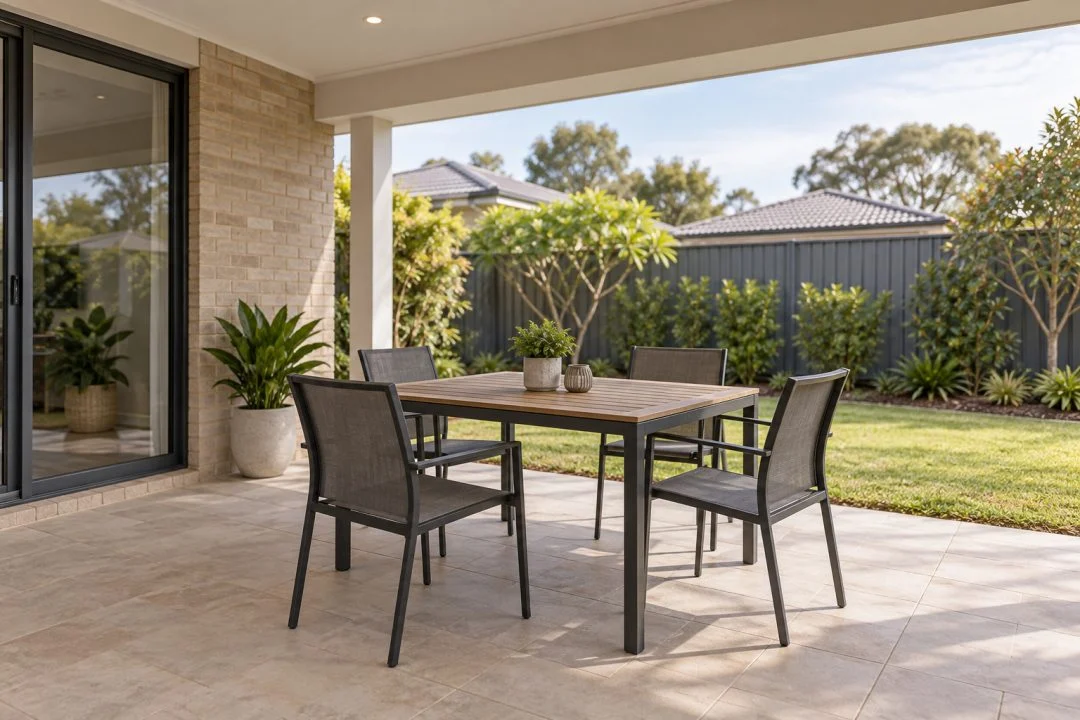 Four outdoor chairs arranged around a rectangular table on a covered patio.