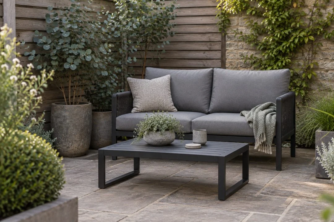 An outdoor two-seat sofa with a low table in a garden corner.