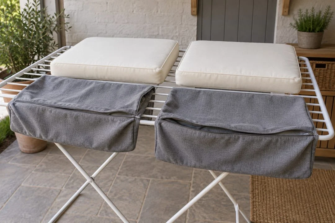 Outdoor cushion covers and inserts laid separately on a drying rack.