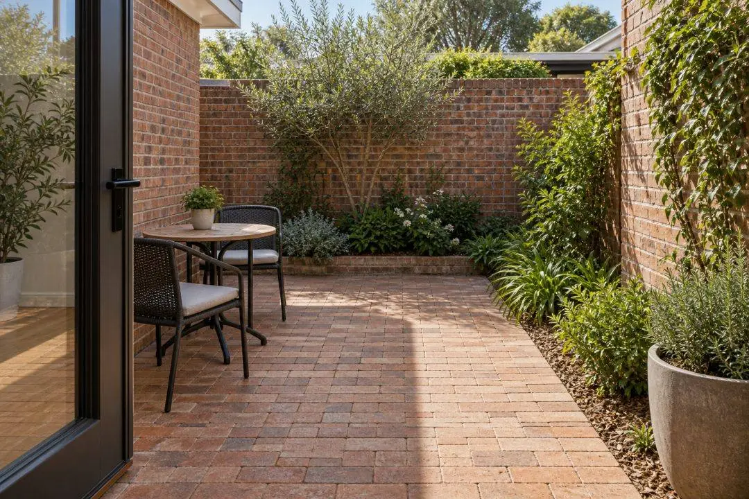 A small brick courtyard with a compact table and two chairs to one side.