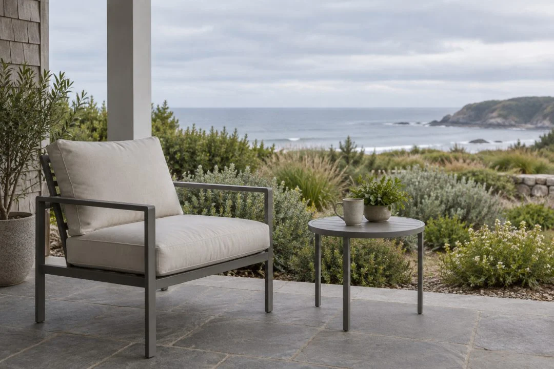 A sheltered outdoor chair and table near a coastal outlook.