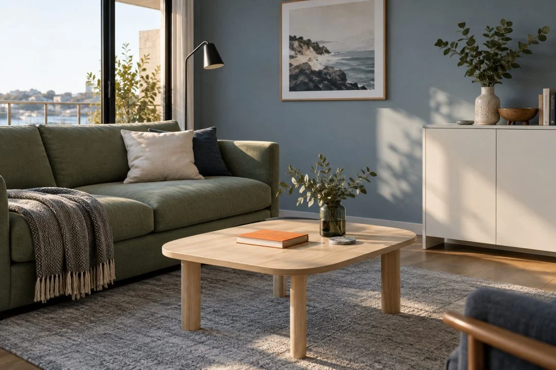 A green sofa, pale timber table and white cabinet in a blue-grey living room.