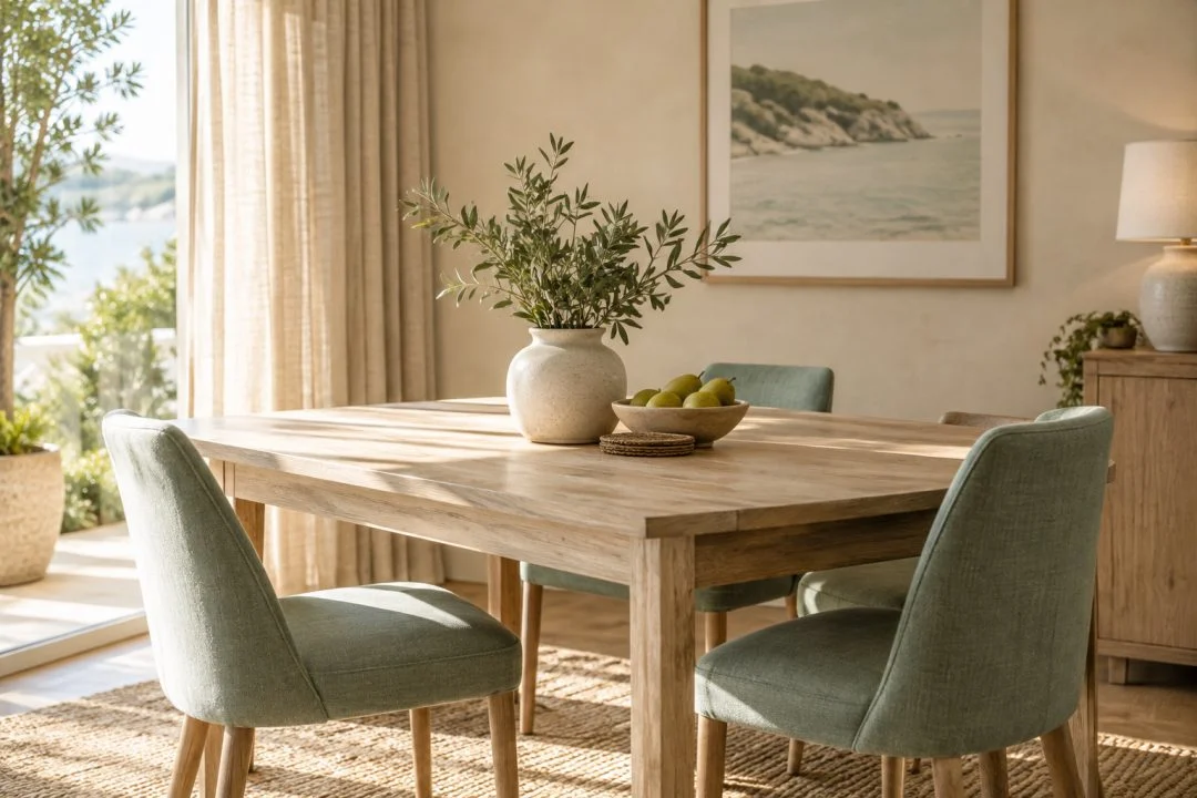 A pale timber dining table and muted green chairs in a light room.
