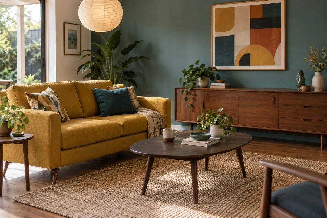 A mustard sofa with warm timber furniture against a muted teal wall.