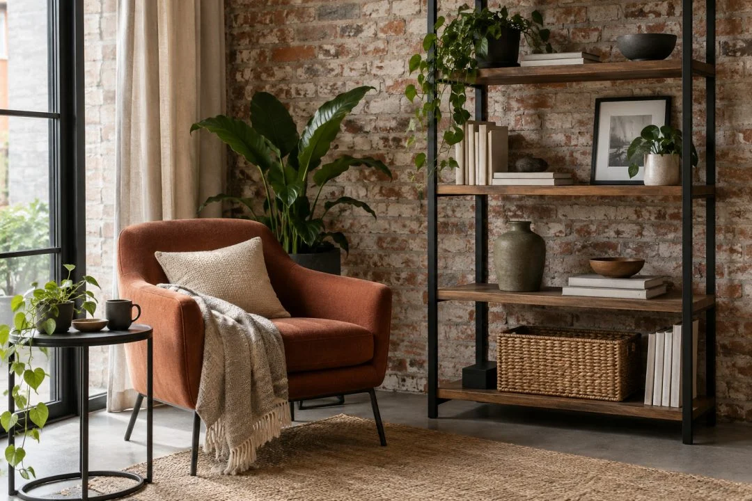 A rust chair beside black-framed timber shelving and a brick wall.