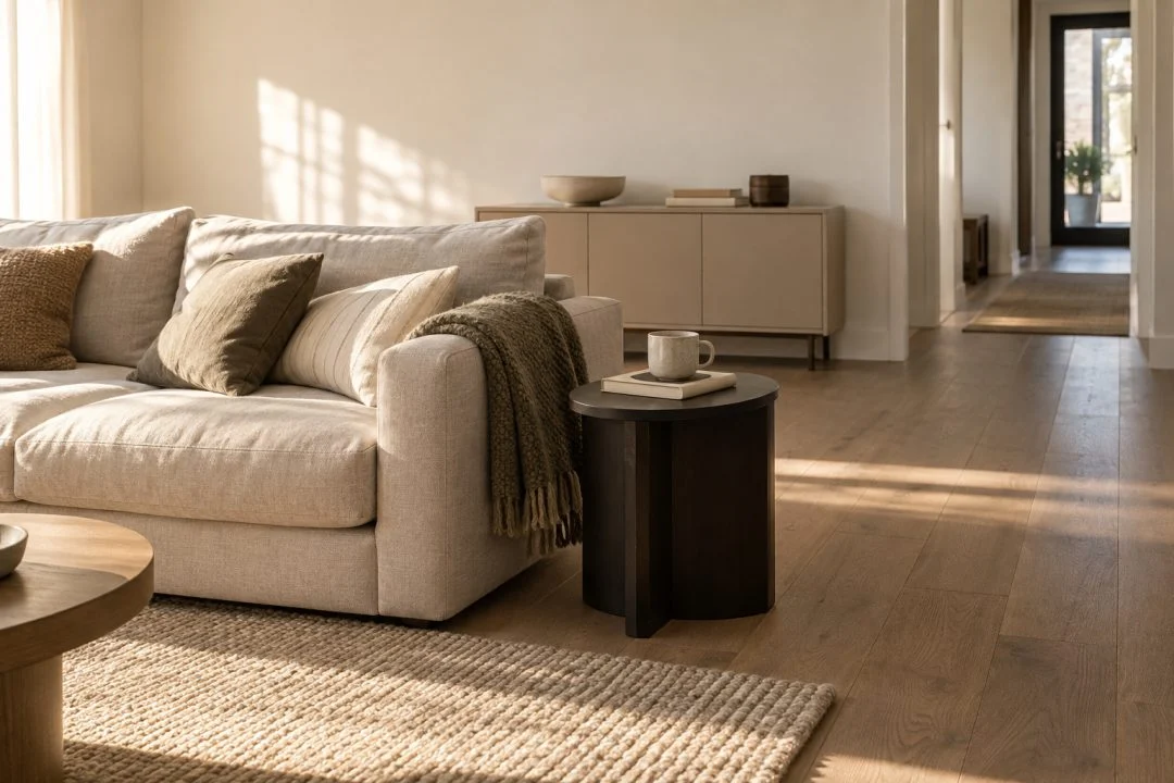 A neutral sofa with a useful dark side table and clear walking space.