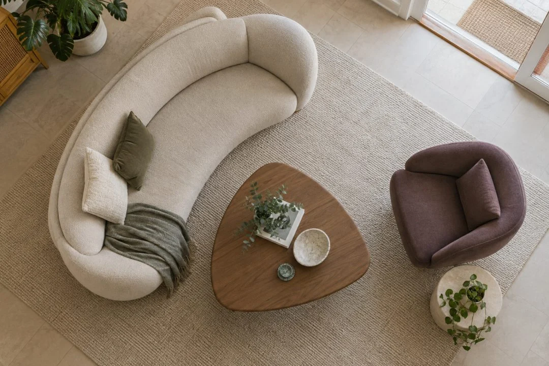 A curved sofa, rounded table and plum chair viewed from above.