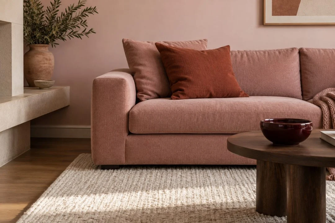 A dusty rose sofa with clay-coloured details against a light pink wall.