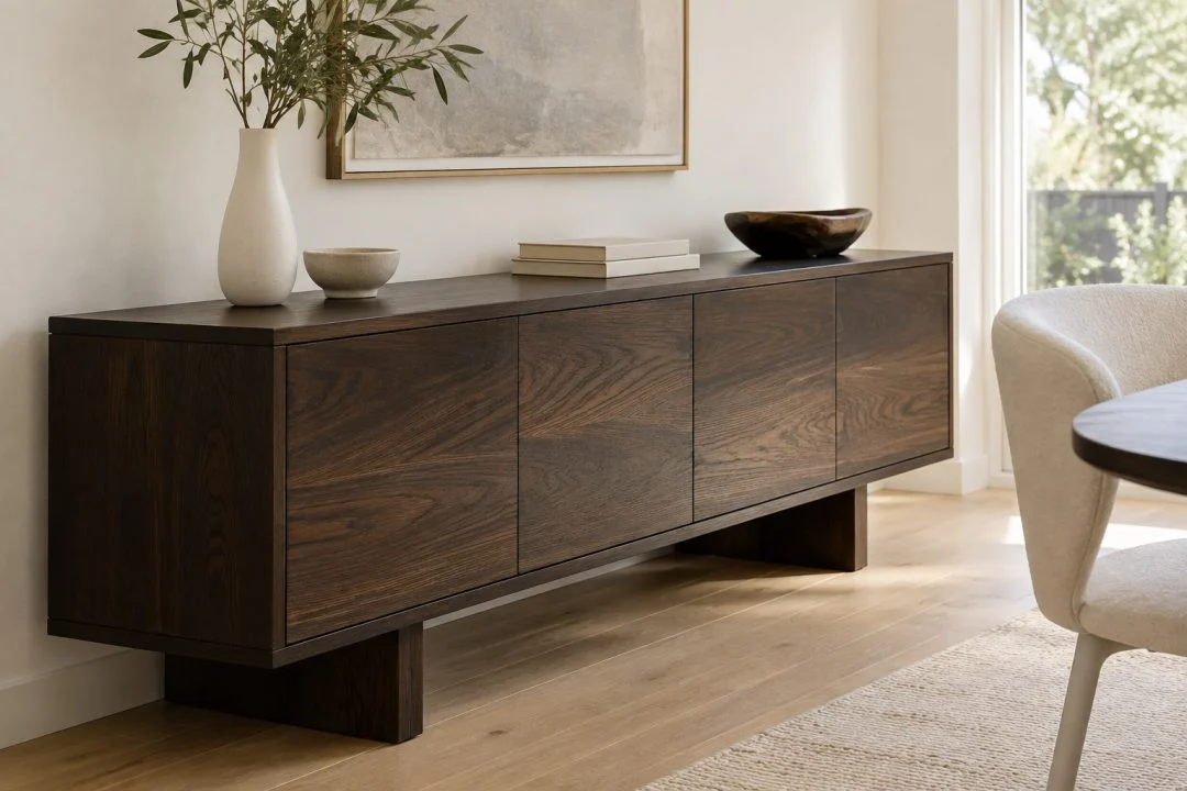 A dark timber-look cabinet against a light wall and pale floor.
