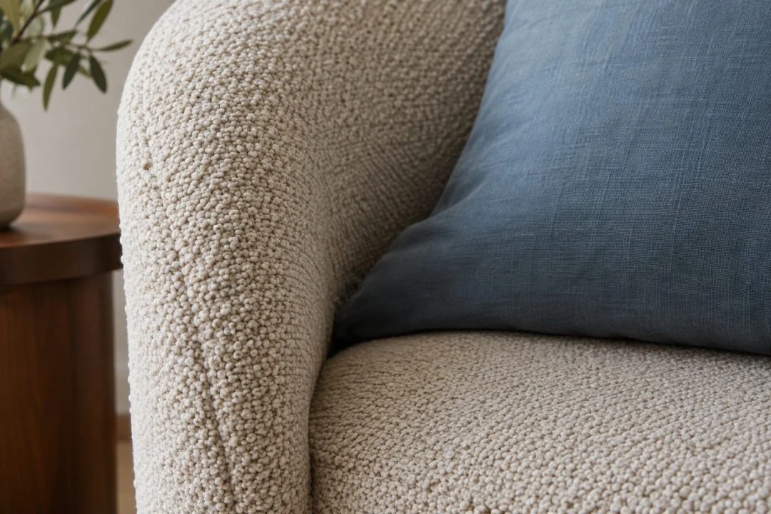 A close-up of looped oatmeal upholstery beside a smooth blue cushion.
