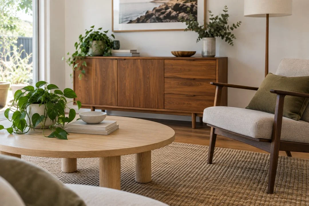 Light, medium and dark timber tones combined with neutral upholstery.
