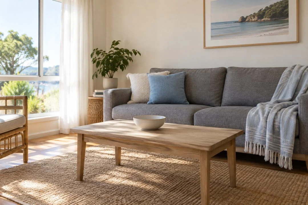 A grey sofa with a blue cushion and light throw beside a timber table.