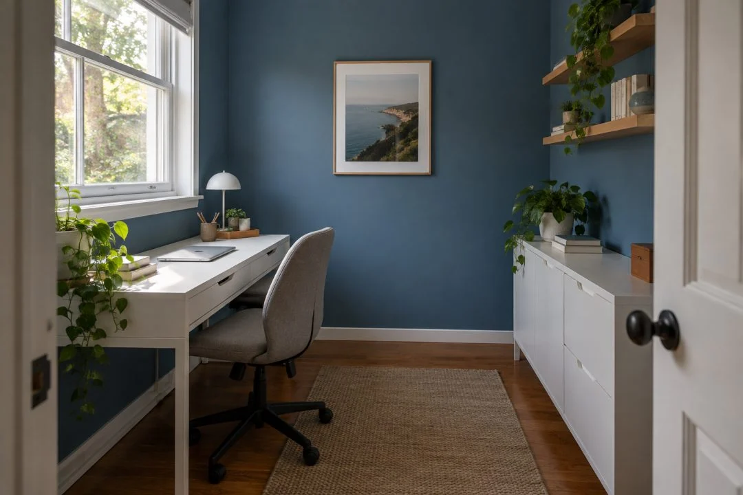 A compact dedicated office with a desk, chair and storage.