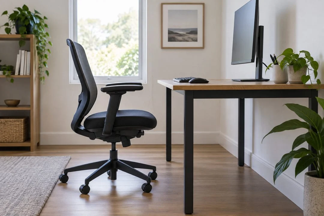 A desk and adjustable chair viewed from the side with clear floor space.