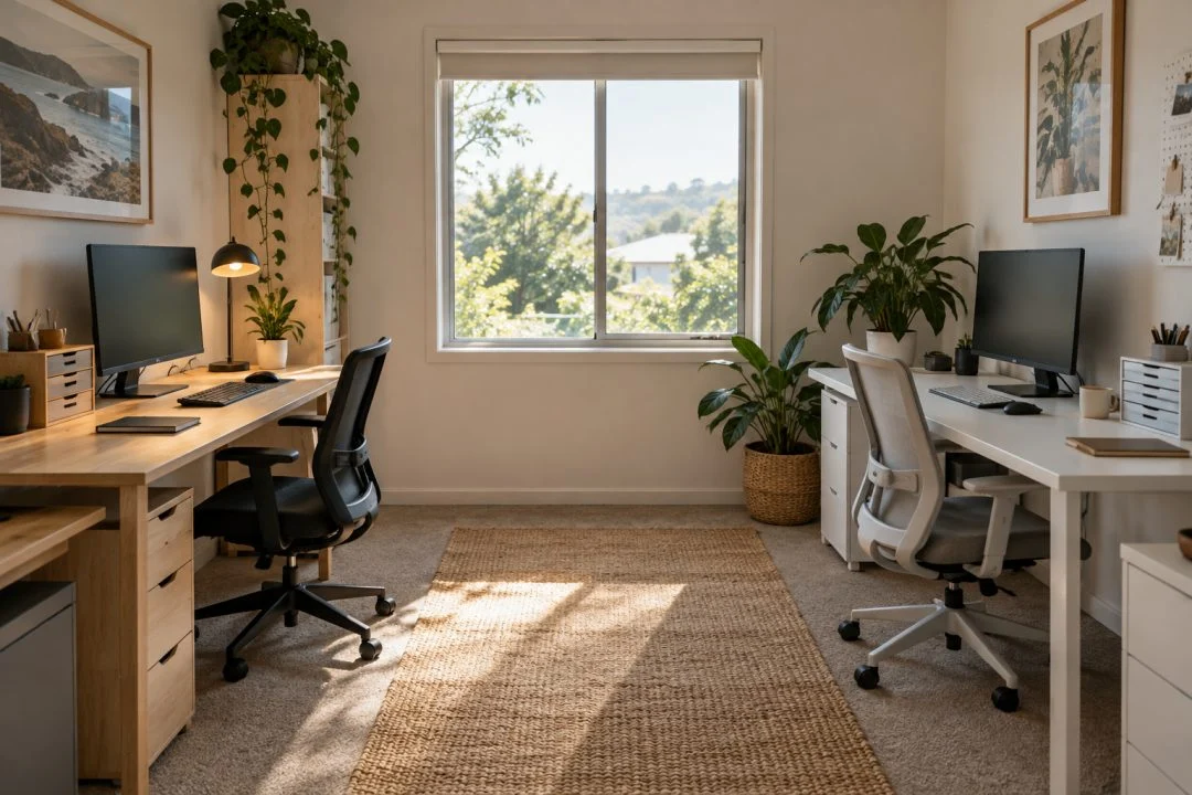 Two separate work desks arranged in a shared home office.