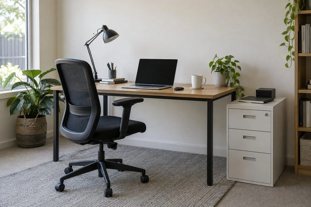 A simple home office with a basic desk and adjustable chair.