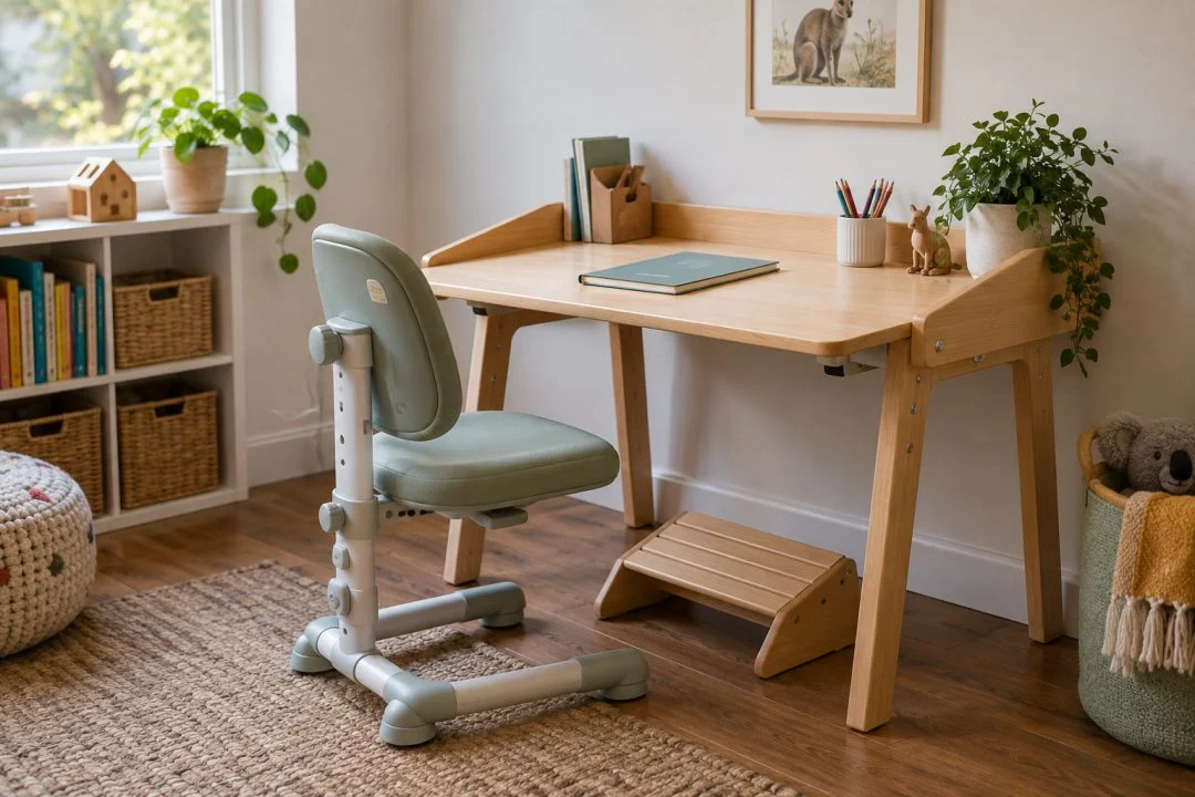 A small study desk with a chair, foot support and school supplies.