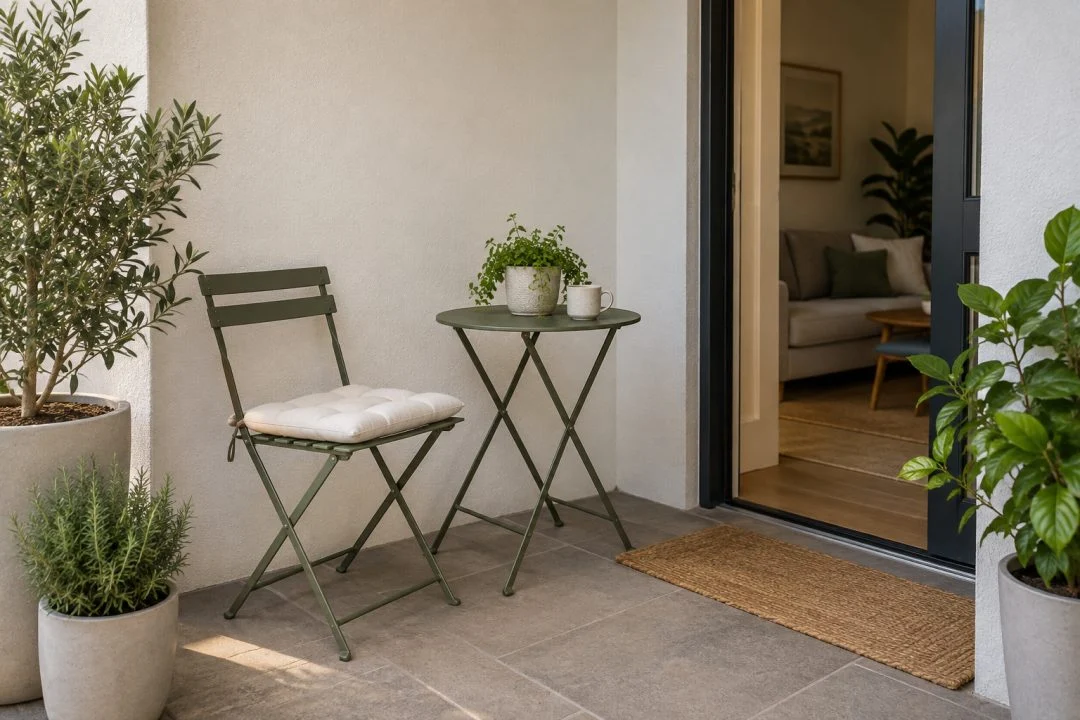 A compact sheltered alcove with a chair and small table.