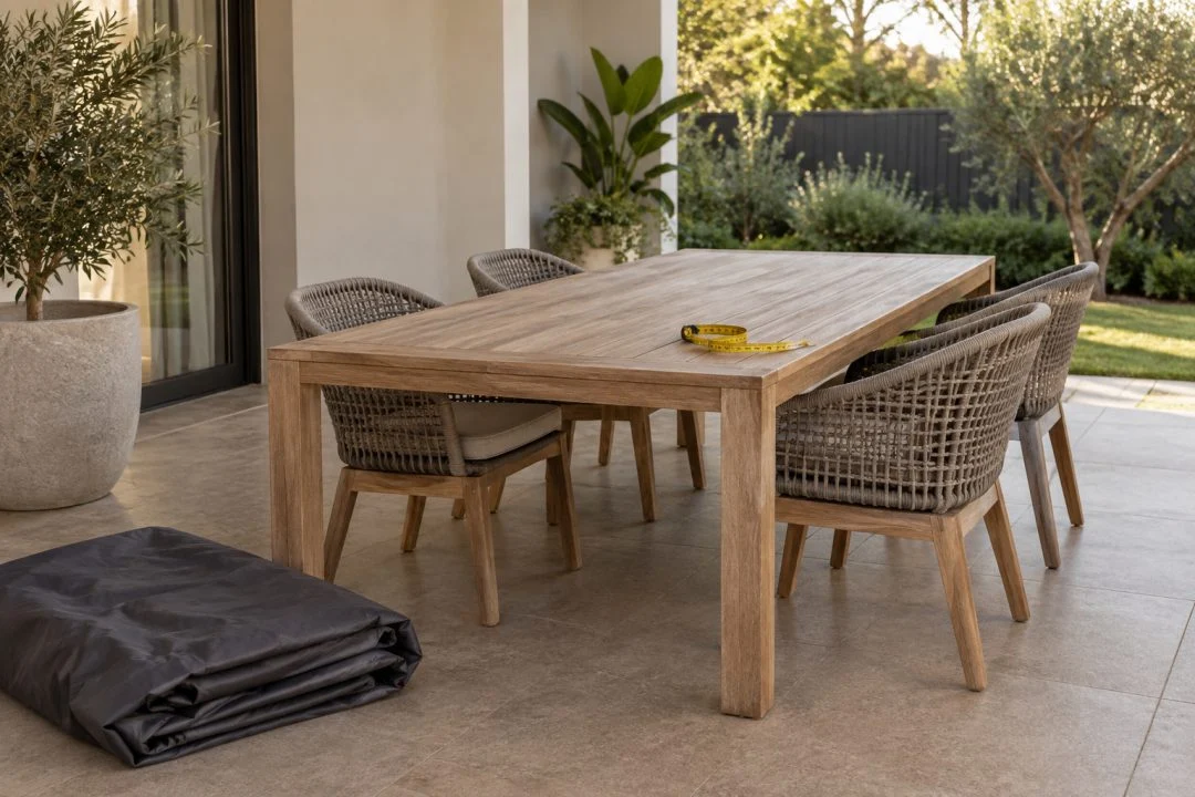 An outdoor table with a folded cover and tape measure nearby.