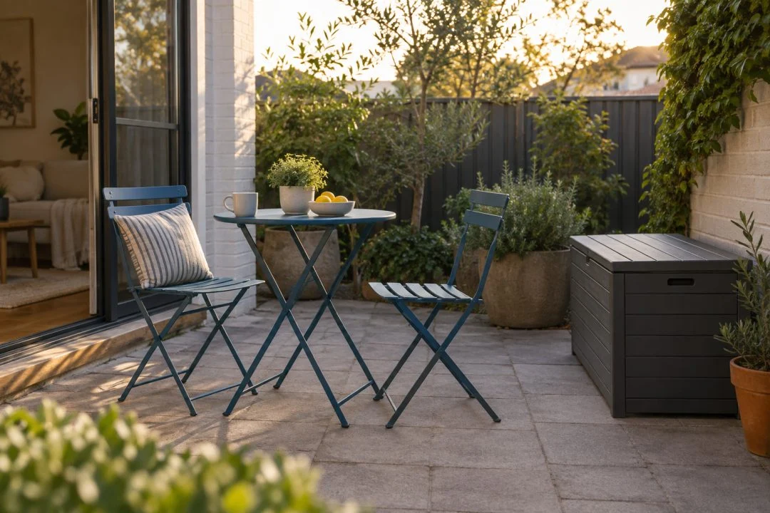 A modest outdoor bistro setting with a practical storage box.