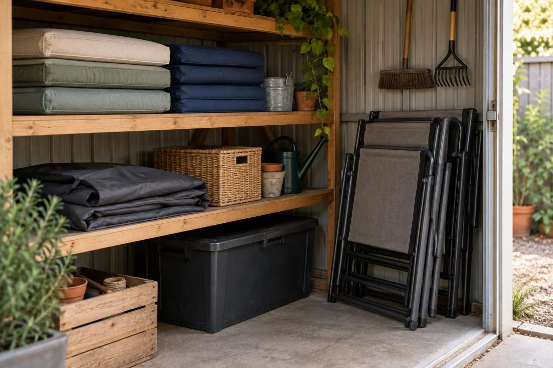 Outdoor cushions, folded furniture and covers organised in a dry storage area.