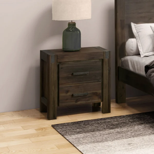 Bedside Table 2 Drawers Night Stand Solid Wood Acacia Storage in Chocolate Colour