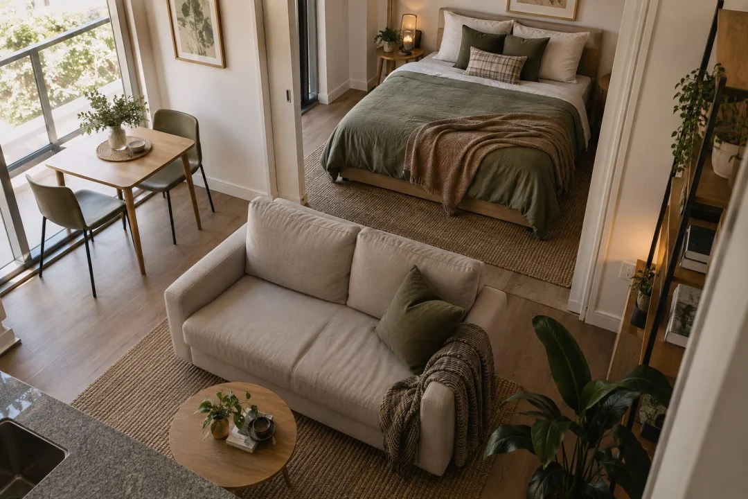 A studio apartment with separate sleeping, seating and dining areas.