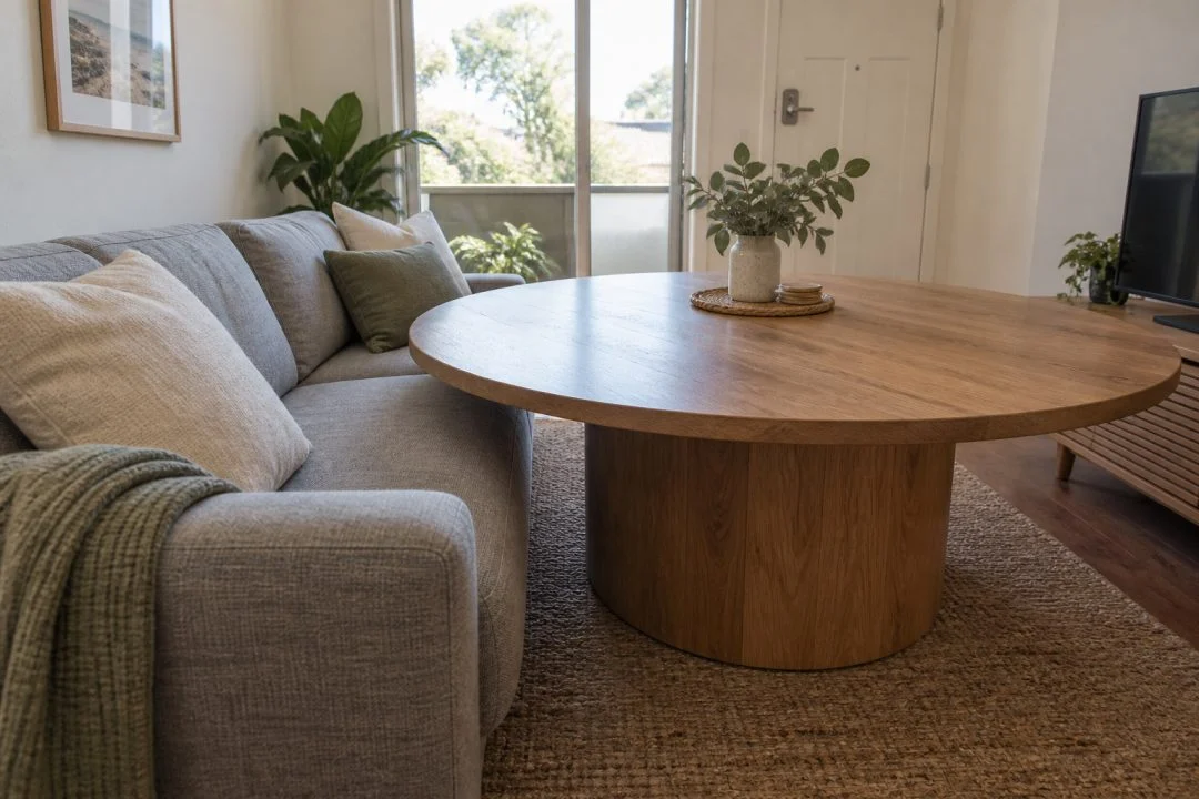 A large coffee table taking up much of a compact seating area.
