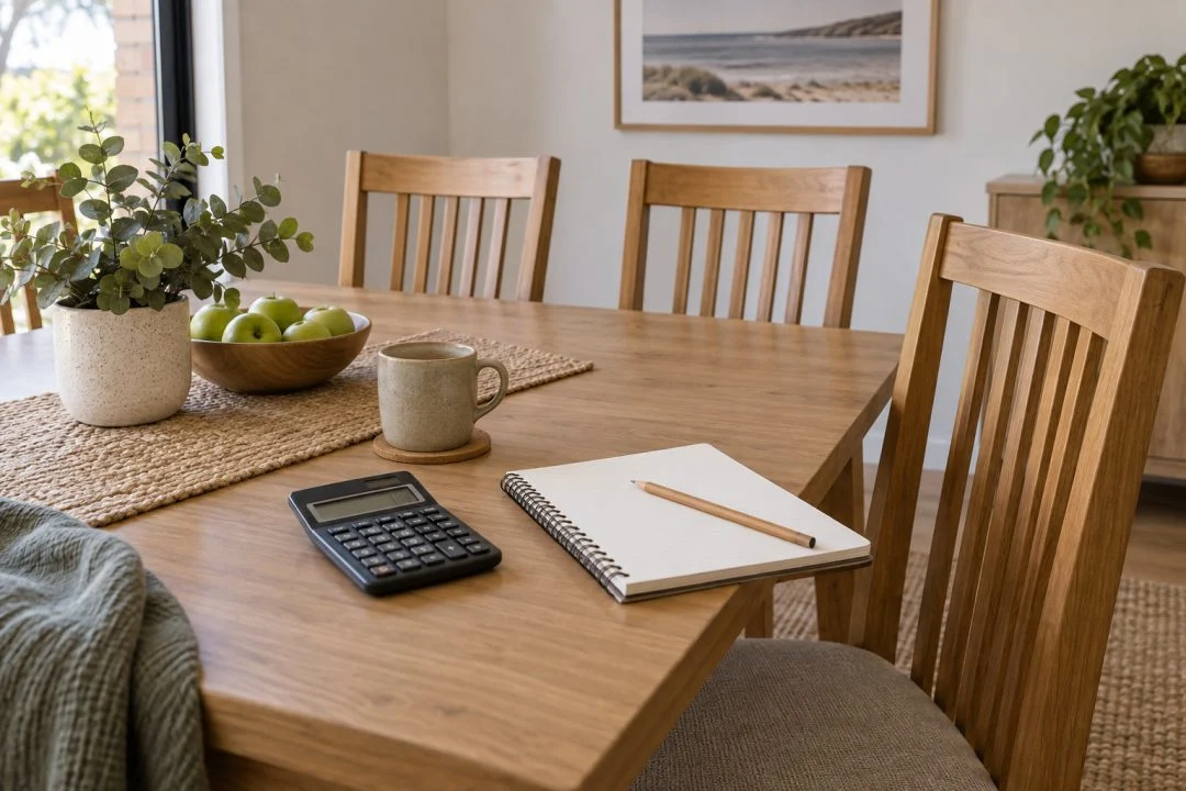 A calculator and notebook on a dining table with matching chairs behind.