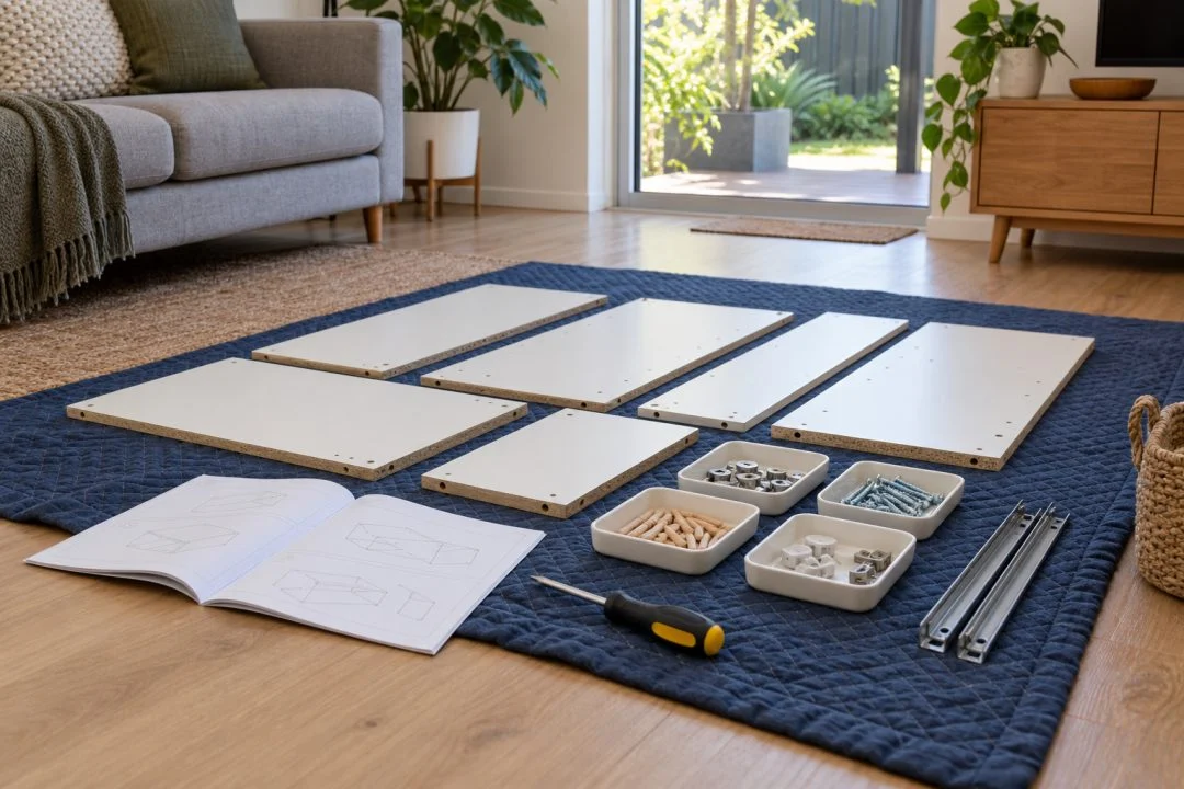Flat-pack panels and sorted fittings laid on a protective surface.