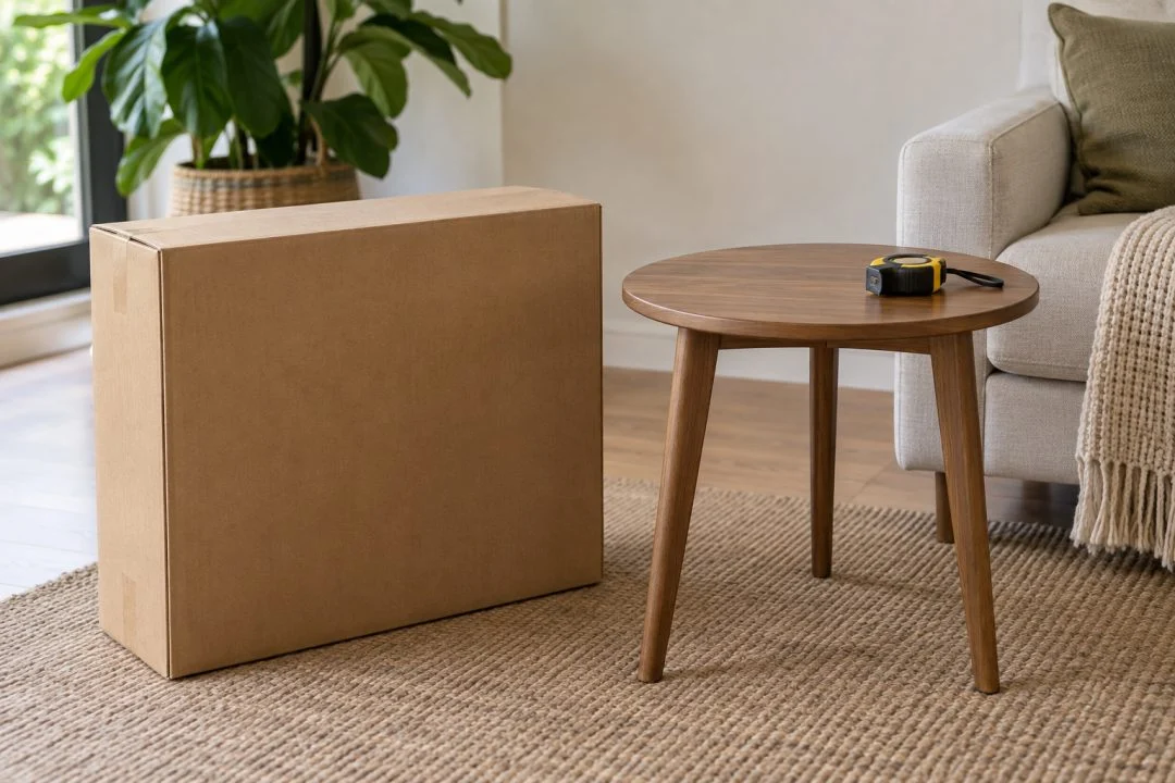 A furniture carton beside an assembled side table and measuring tape.
