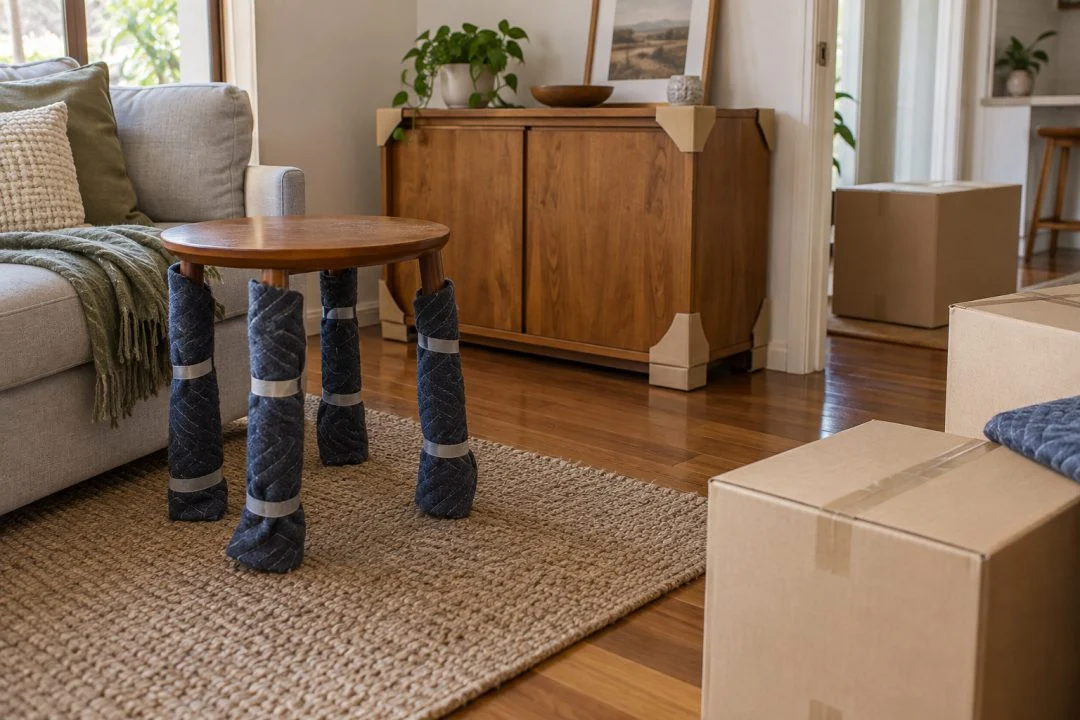 Furniture protected with moving blankets and corner protection.