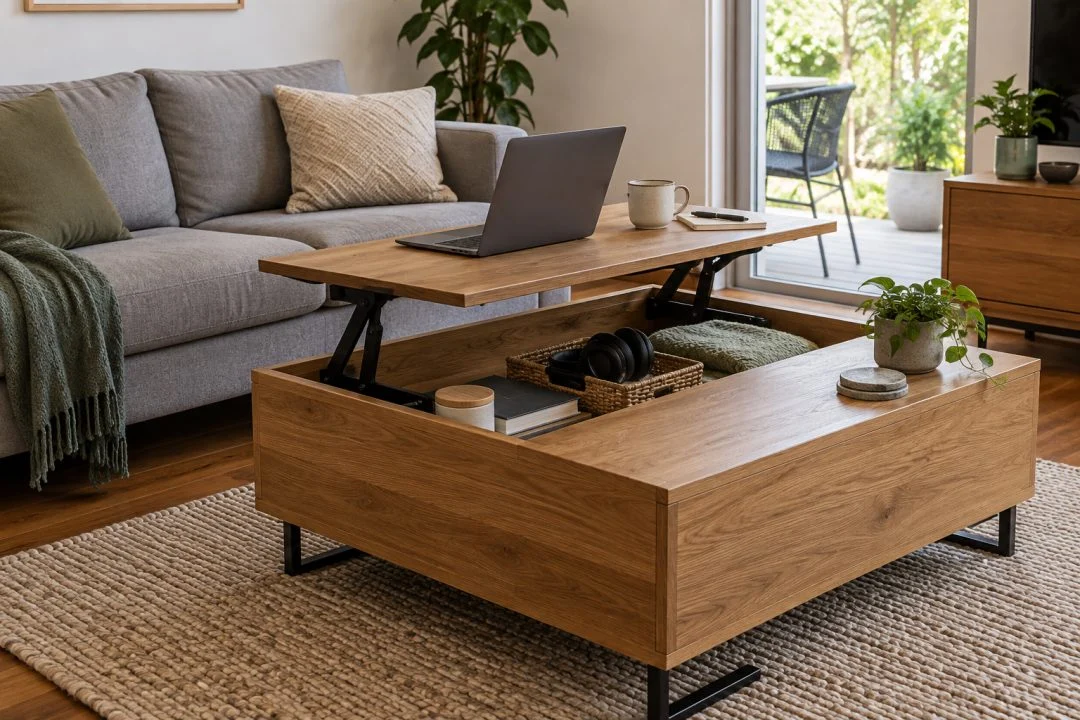 A lift-top coffee table opened to show its storage and raised surface.