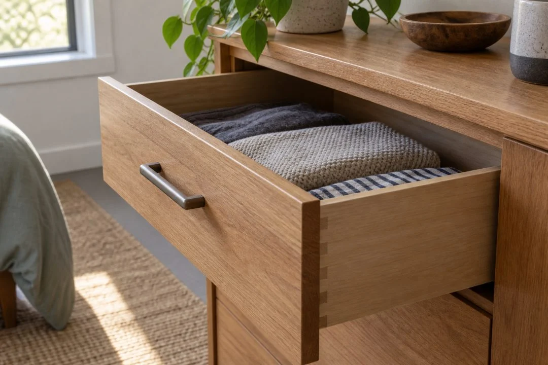 An open drawer showing its internal space and construction.