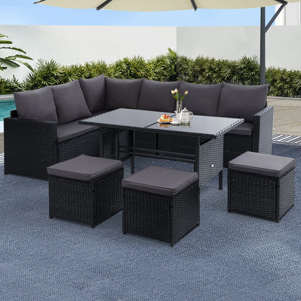 Gardeon Outdoor Furniture Dining Setting Sofa Set Lounge Wicker 9 Seater – Black