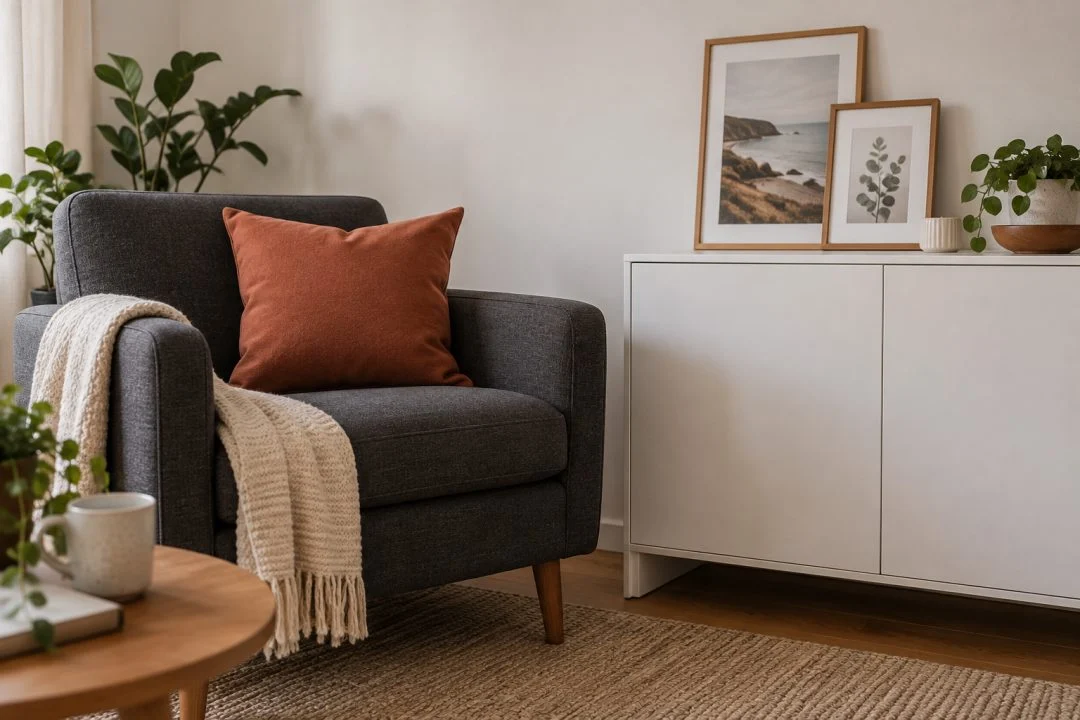 An existing chair refreshed with a rust cushion beside simple storage.