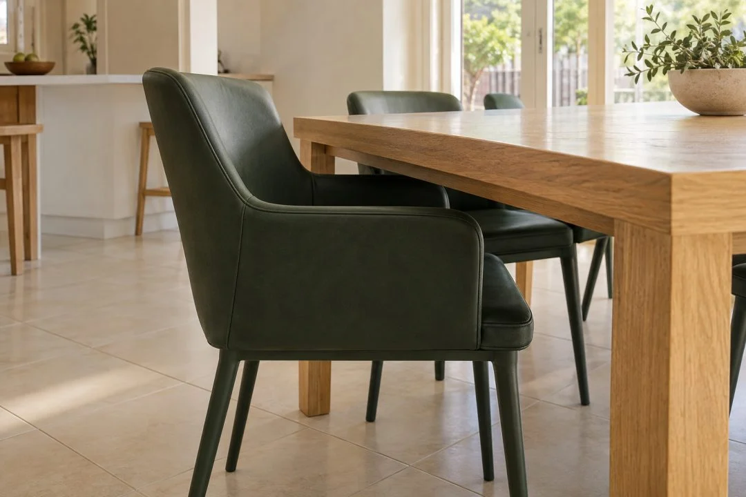A green upholstered dining chair beside a timber table, showing the arm and tabletop relationship.